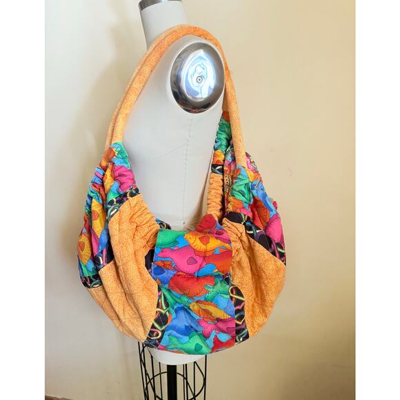 90s VTG Handmade Quilted Hobo Bag Colorful Patchwork Boho Tote Frog Fish - Picture 2 of 5